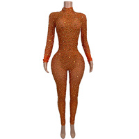 Combinaison moulante à manches longues et strass pour femme grande taille, idéale pour club, chanteuse, danseuse, spectacle, tenue de festival
