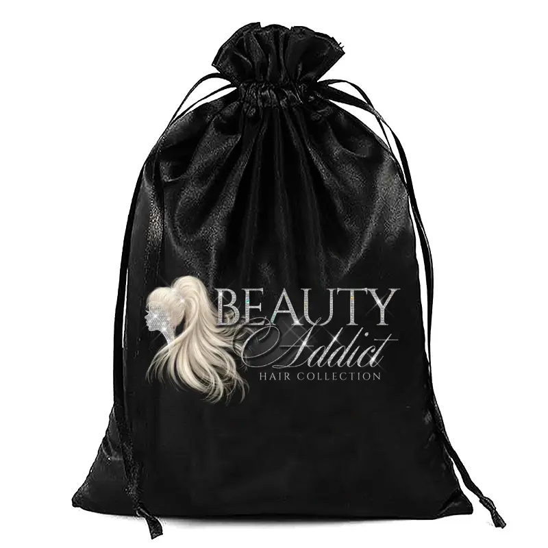 Sacs en satin logo personnalisé sac à cordon en satin pour l'emballage des extensions de cheveux paquets perruques pochettes en soie douce avec cordon de serrage