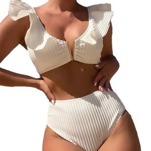 <span class=keywords><strong>Maillot</strong></span> <span class=keywords><strong>de</strong></span> <span class=keywords><strong>bain</strong></span> triangle en mousseline taille haute, style européen et américain, monochrome, à volants, nouvelle collection 2025, le plus vendu - Product Image 5