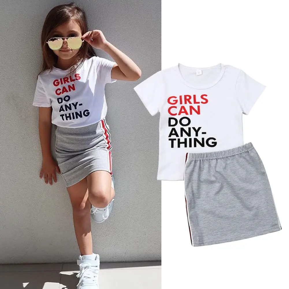 Set pakaian dua potong anak perempuan, Kaus + celana pendek rok musim panas gaya baru
