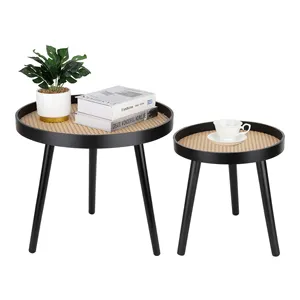 Customization Modern Nordic Wood Rattan Round End Table Set of 2 for Sofa Side Living Room Bedroom Coffee