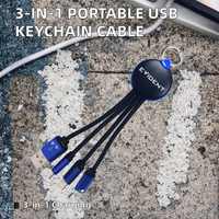 Kabel Pengisi Daya 3 in 1 Multi Universal Pendek dengan Gantungan Kunci USB untuk Perjalanan, Kabel Pengisi Daya Portabel Berbahan Nilon Kepang dengan Logo LED
