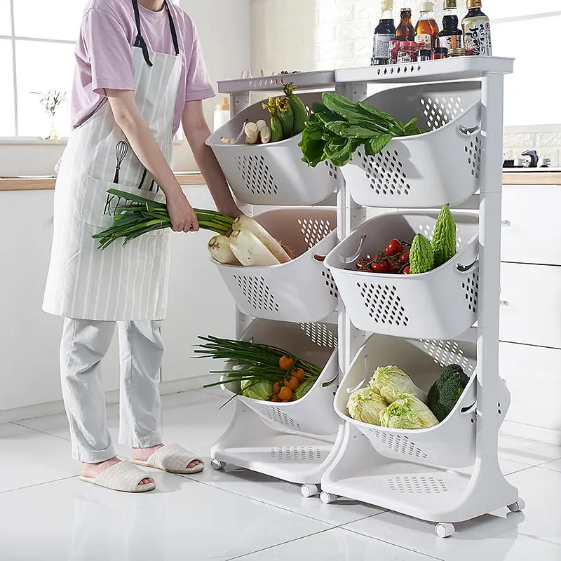 Plastic Rolling Storage Cart Vegetable Organization Shelf Rack Tower Utility Cart with Wheels for Kitchen