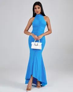 Ocstrade High Fashion Accept Custom Drape Mermaid Party Dress Women Bodycon Sleeveless Tank Blue Long Gown Evening Dress