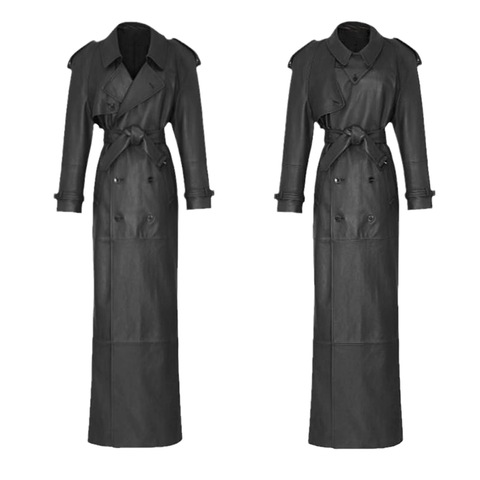 3258 New Design Fashion Double-breasted Belt Trench Coat Ankle Length Genuine Sheepskin Leather Trench Coat for Women