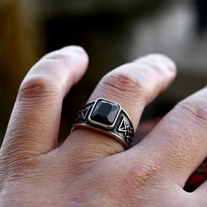 316 Stainless Steel Viking Valknut <b>Ring</b> <b>Men</b> Black Onyx Inlay Natural Antique Silver-Tone Bold Dark Rebellious Biker Punk Daily - Product Image 5
