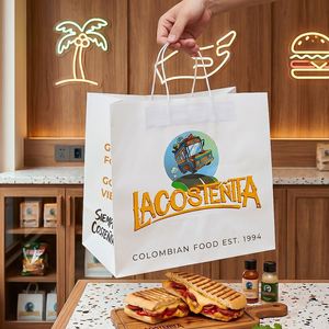 Custom Wholesale Recyclable Biodegradable Corn Pancake Meat Stuffed Rolls Kraft Paper Takeaway <b>Bags</b> Handles for Restaurant - Product Image 5