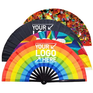 Big Clack Large 33Cm Impresión de logotipo personalizado Poliéster Satén Bambú Fan Rainbow Gay Pride Fan 34cm Rave Fans