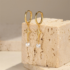 Pendientes de Aro con Borla de Estrella y Luna S925, Pendientes de Estrella de Ocho Puntas Brillantes - Product Image 4