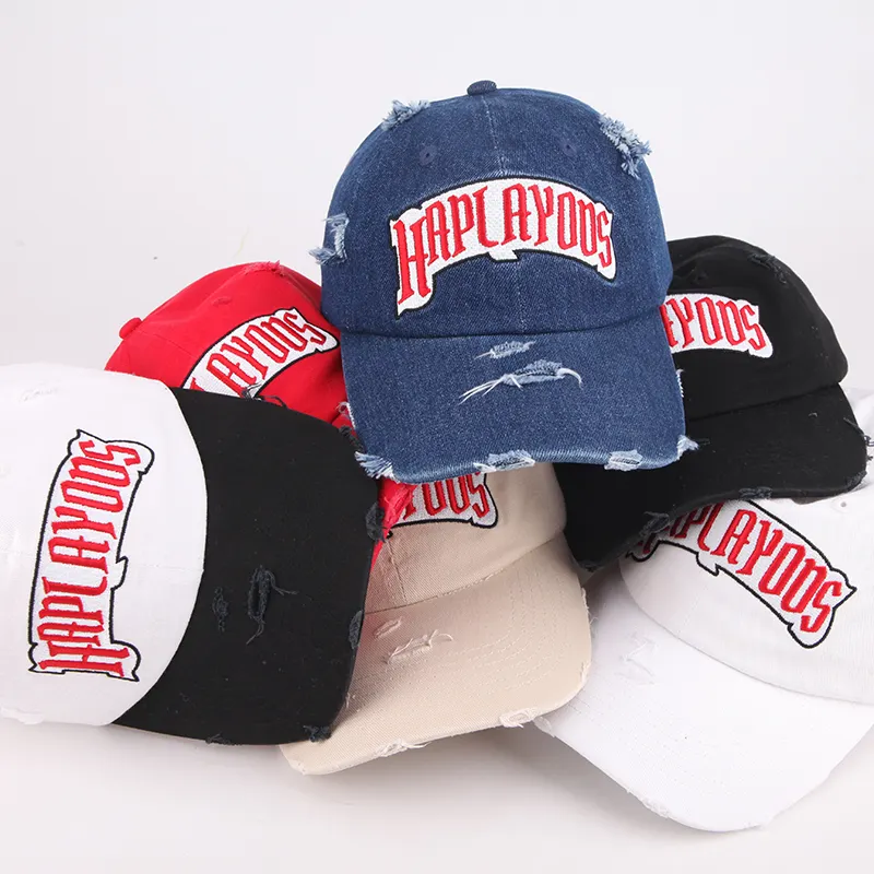 Wholesale 6 panel unstructured cotton vintage gorras custom embroidery logo baseball cap denim distressed dad hats