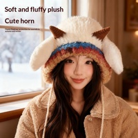 Bonnet d'hiver doux et moelleux en peluche pour femme, style corne, chaud, tricoté, avec protection des oreilles, mignon, à lacets, doublé polaire, coupe-vent