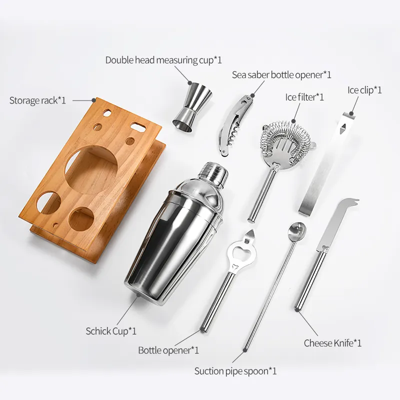 Wholesale Bartender kit 9 in 1 Bar Tool 550ml Stainless Steel 201/304 Cocktail Shaker Bartender Set With Stand