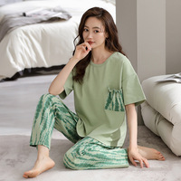 Ensemble de pyjama en coton pour femmes, t-shirt d'été à manches courtes, pantalon long, vêtements de maison, deux pièces, décontracté, doux, respirant, taille élastique