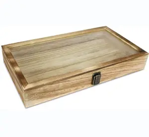 带钢化玻璃顶盖的木制珠宝展示柜，带金属扣橡木色的家居组织配件储物盒