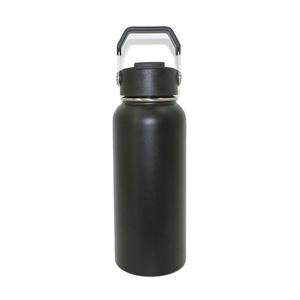 Bouteille d'eau isotherme en acier inoxydable noir de 32 oz avec couvercle rabattable breveté, poignée réglable en acier inoxydable, thermos anti-fuite - Product Image 3