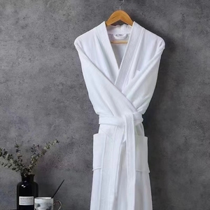 Accappatoio Unisex con collo a scialle in cotone a maniche lunghe con Logo personalizzato Hotel Waffle accappatoio <span class=keywords><strong>Kimono</strong></span> Spa per donne e uomini - Product Image 1