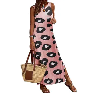 Leopard Print Customizing Round Collar Dress Sexy Split Backless Extra Long Dresses Wholesale Sleeveless Floor-Length Dress