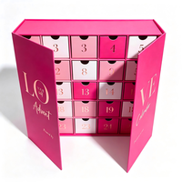 Calendrier de l'Avent de Noël avec 25 tiroirs coulissants, boîte de compte à rebours en papier rigide rose vif et argenté pour cadeau surprise