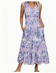 Vestido Midi de Gasa sin Mangas con Estampado Floral para Mujer, Cuello en V, Cintura Elástica, Corte en A, Holgado, con Bolsillos, Vestido Casual de Verano - Product Image 3
