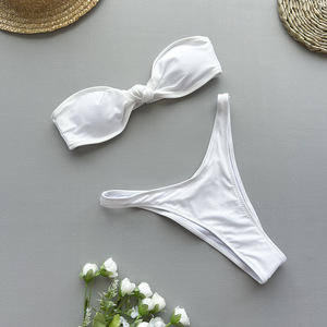 Ensemble bikini bandeau 2 pièces pour femme, couleur unie, nœud frontal, sans bretelles, coupe haute, en Spandex/Nylon respirant, séchage rapide, pour l'été et la plage - Product Image 6