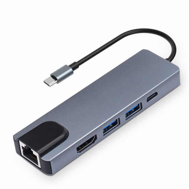 5-in-1 Type C USB 3.0 Hub Adapter Multiport PD Charging RJ45 Ethernet Dock for Laptop & Tablet