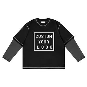 T-shirt à manches longues pour homme, impression de logo personnalisée de haute qualité, 100% coton double couche, patchwork bicolore, couture inversée - Product Image 1