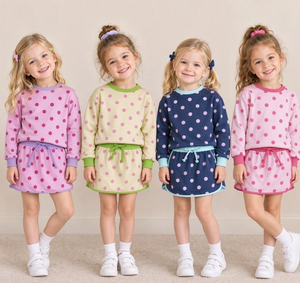 Ensemble de vêtements pour bébés filles, chemise à manches longues à pois, jupe et short, bleu marine - Product Image 1