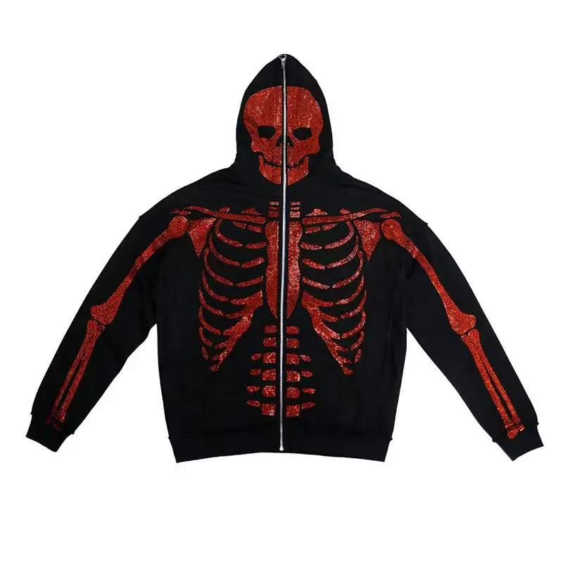 OEM service customize embroidery logo full zip up hoodie custom rhinestone skeleton goth halloween full face zip up hoodies