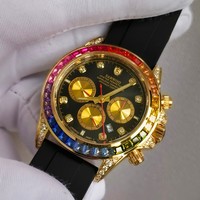 Montre automatique chronographe en acier inoxydable sertie de diamants, or luxueux