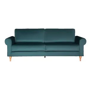 Sofá moderno com três lugares, sofá verde veludo com pernas de madeira
