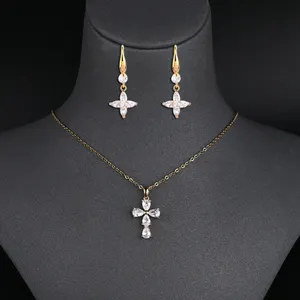 Trendy Jewellery Women Shining Cubic Zircon Cross Necklace Set Fashion Jewelry Sets