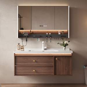 Mueble de baño moderno de estilo chino con estructura de madera de nogal, lavabo integrado sin juntas y espejo inteligente. - Product Image 2