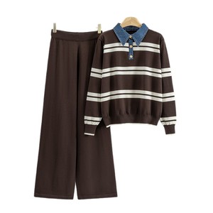 Women's <b>Knit</b> Striped Sweater <b>Set</b> With Denim Collar Full Length Pants Casual Outfit 2026 Autumn Winter - Product Image 5