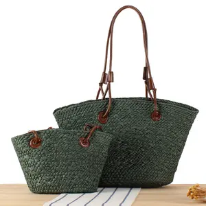 Solid Color Paper Woven Bag Retro Contrast Large-capacity Holiday Shoulder Bag Straw Handbag Women's Bag