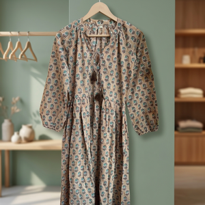 Robe maxi indienne décontractée en coton 100% avec col en V, décorations à franges, manches longues, imprimé en bloc, silhouette évasée, respectueuse de l'environnement - Product Image 4