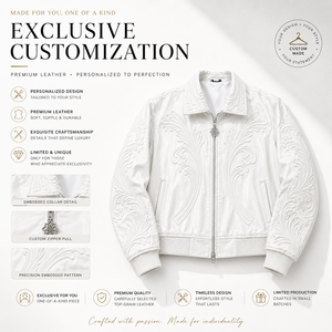 Veste bomber en cuir PU de luxe vintage personnalisée avec motif floral en relief, col rabattable, personnalisation de l'embossage artistique - Product Image 4