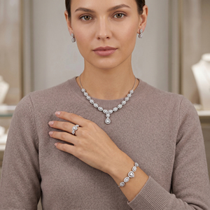 Fabricants de bijoux, collier, boucles d'oreilles, bracelets et bague en argent 925, design goutte d'eau et halo, pour femmes, ensemble de bijoux de luxe pour mariage - Product Image 3
