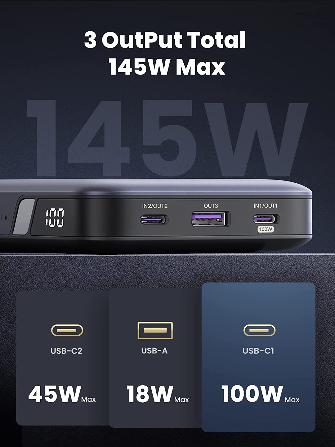 UGREEN145Wパワーバンク25000mAhポータブル充電器USBC3ポートPD3