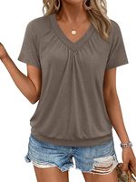 Camisetas de Manga Corta con Cuello en V para Mujer, BSCI, Ropa de Playa para Verano/Primavera 2026, Estilo Casual, Holgada y Fruncida
