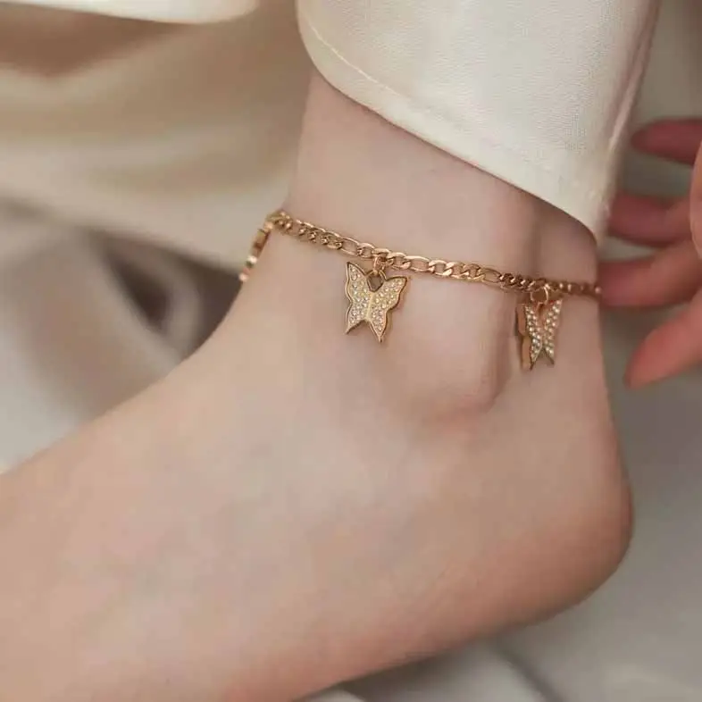Jewelry Stainless Steel Wholesale Boho Foot Chain Trend Gold Plated Charm Summer Beach Zircon Butterfly Pendant Anklet For Women