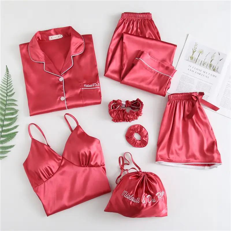 High Quality Trendy Ice Silk Sets 7 Piece Sleepwear Satin Comfortable Pyjamas Women Pajama Set