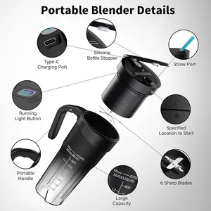 Top Quality Portable Blender Cup Bottle USB Rechargeable 470ml 6 Blades Fruit Mixer Mini Hand Juicer Blender Smoothie With Straw