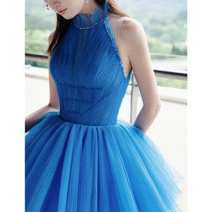 Halter Neck Blue Tulle Ball Gown Wedding Dress Natural Waistline Mesh Fashion Element For Women - Product Image 4