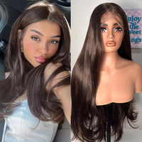 Perruque synthétique résistante à la chaleur, couleur brun foncé, grandes ondulations, courbure naturelle, dentelle transparente 13*4, pour femmes