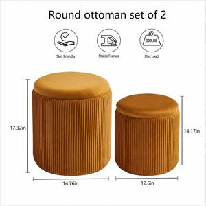 Modern Round Pleated Velvet Ottoman <strong>Set</strong> of 2, 2-in-1 Nesting Footstool with Tray, Multi-functional Seating <strong>Stool</strong> - Product Image 3