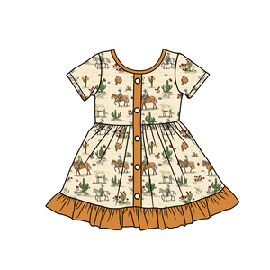 Custom Casual Print Western Cowboy Howdy <b>Kids</b> Girls Ruffles Dress Baby <b>Bubble</b> Romper Sister Matches Wholesale Clothing Cotton - Product Image 1