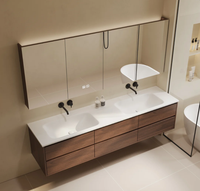 Lemari Kabinet Kamar Mandi Desain Minimalis Modern Mewah dari Walnut Melamin, Terpasang di Dinding, dengan Cermin LED dan Wastafel