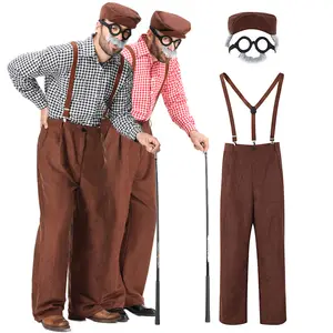 New Adult Grandpa Suspenders Plaid Old Man Costume Centenarian Overalls Halloween