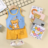 Conjunto de chaleco y pantalón corto para niños, estilo coreano, de algodón, para verano, sin mangas, con estampado de animales y letras, suave y cepillado