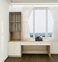 Bureau d'angle moderne sur mesure avec baie vitrée et armoire de rangement intégrée pour salon, chambre ou bureau, avec étagère de rangement